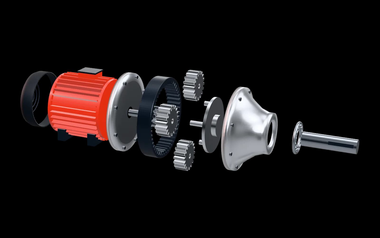Exploded view of the gear drive: fan cover, motor, flange, sun gear, ring gear, planet gears, carrier, housing, bearing and shaft.