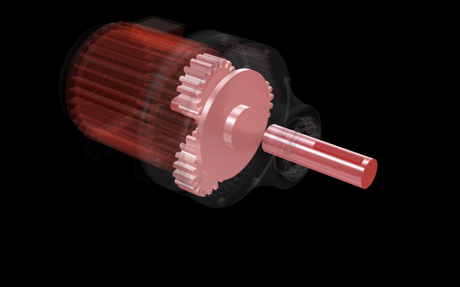 The drive with its housings made transparent; the sun gear, planets, carrier and shaft highlighted.