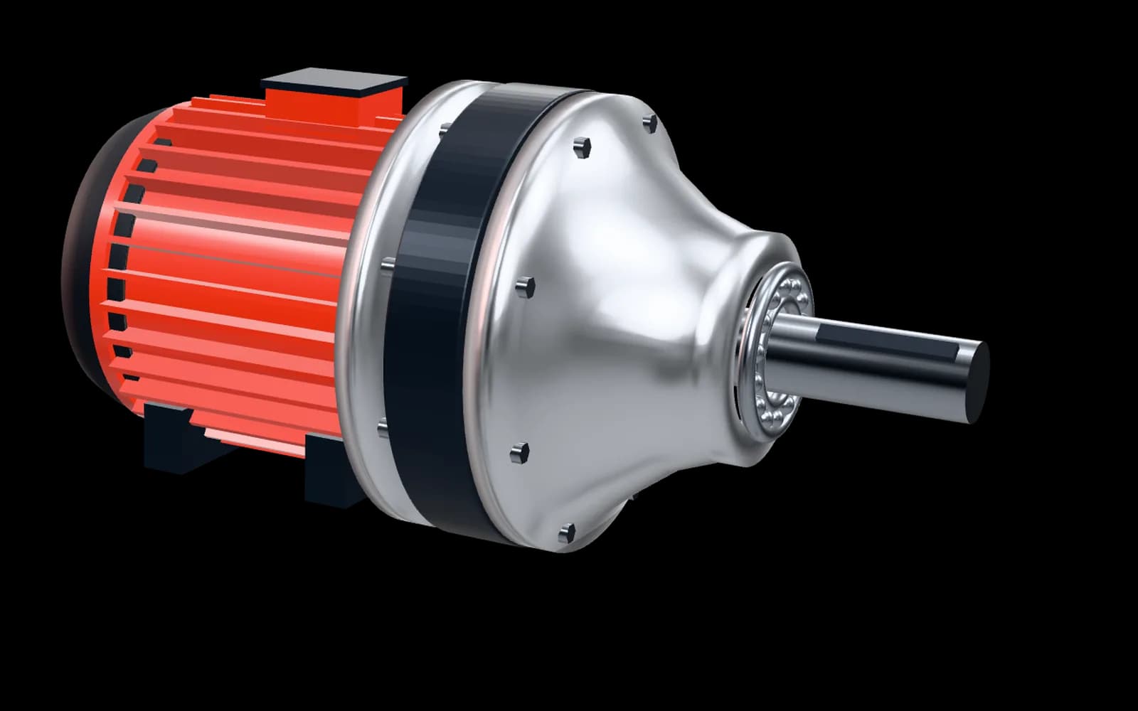 A planetary gear drive with a red motor and machined aluminium housing, lit like a studio product shot.